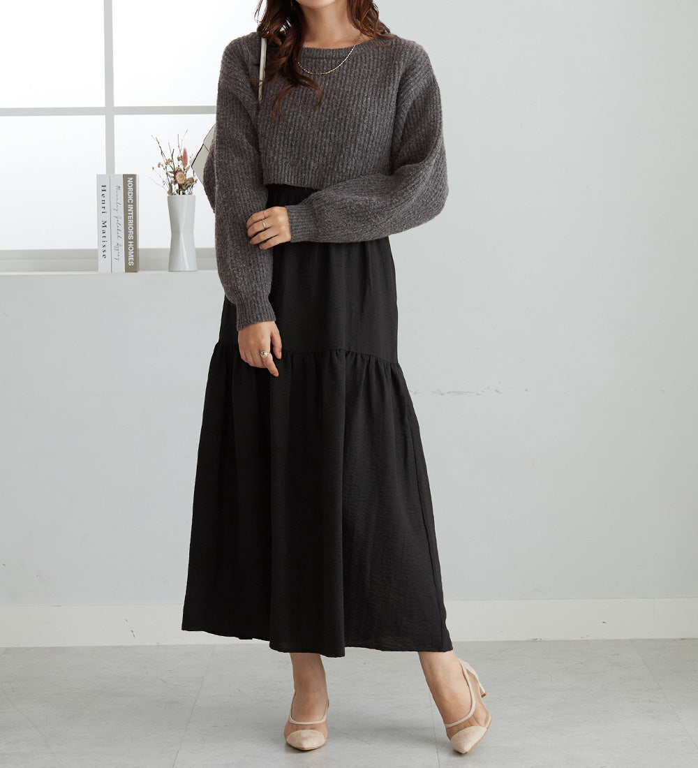 アロッタ Alotta 2点セット ニットトップス＋キャミワンピ （杢チャコール系） 杢チャコール系