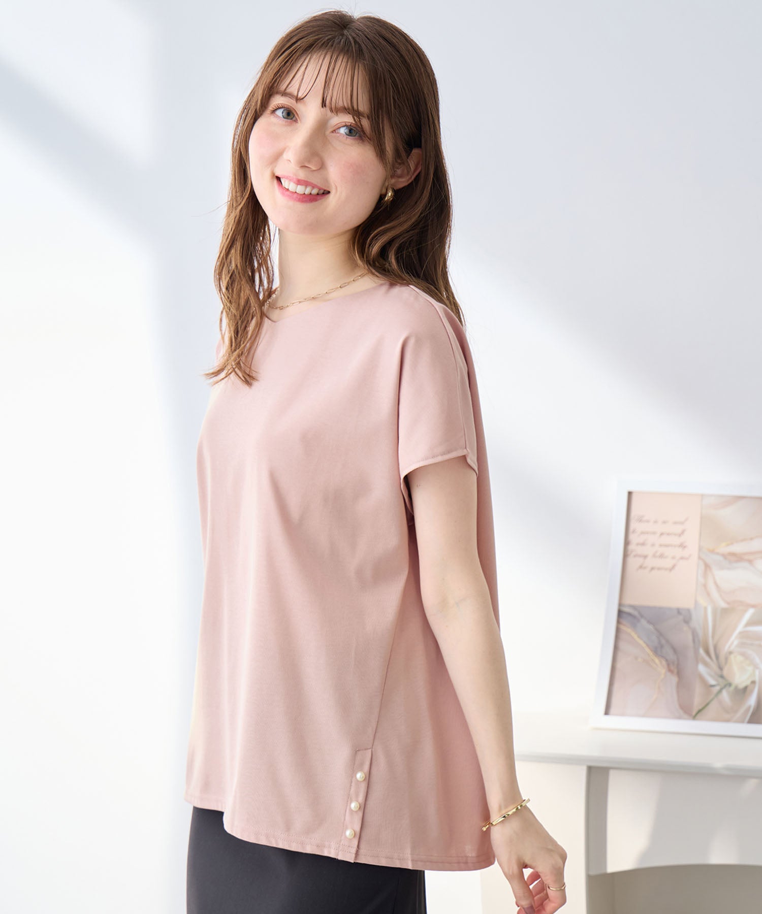 アロッタ Alotta ひんやり裾パールデザインTシャツ （ピンク） ピンク