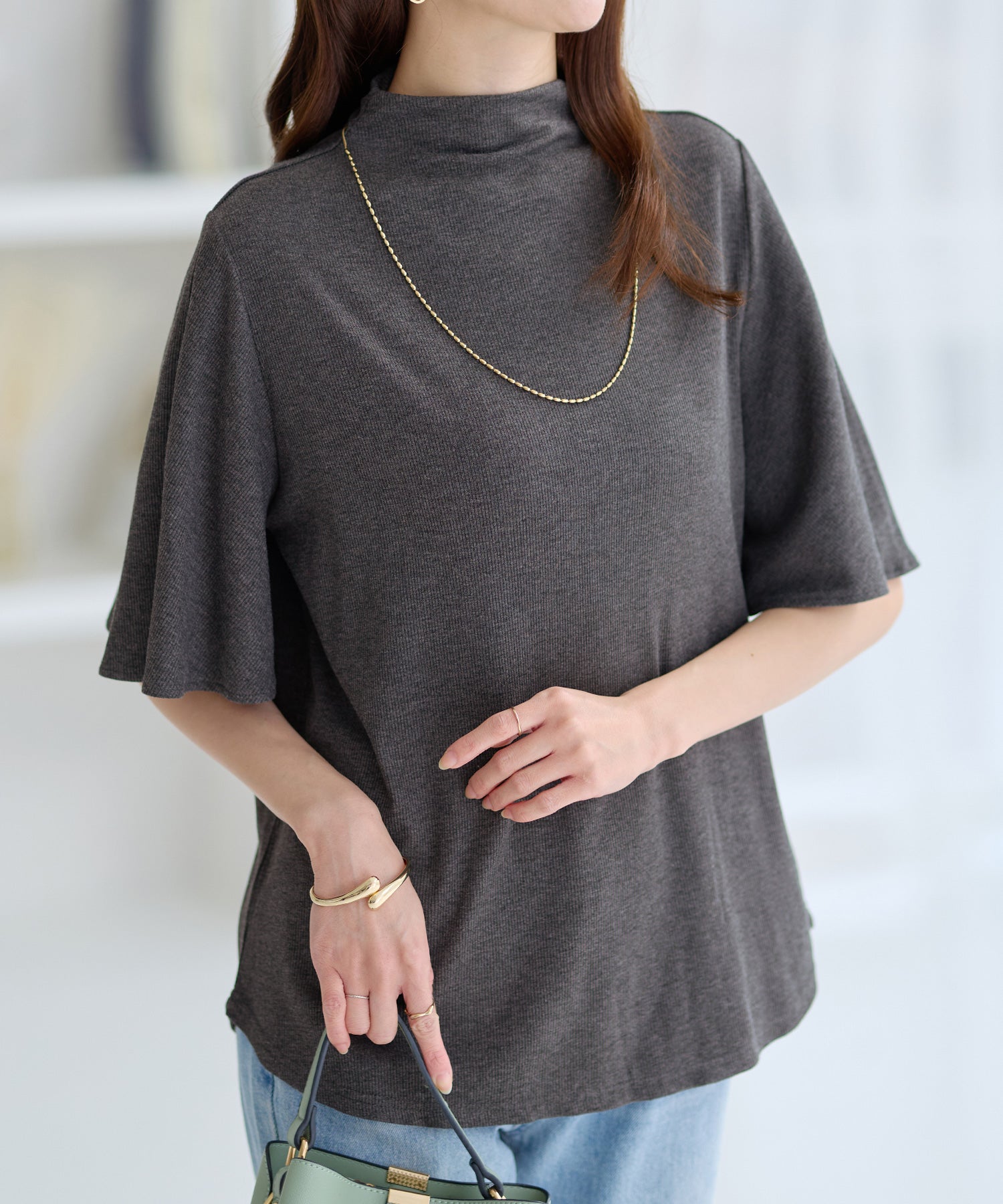 アロッタ Alotta 上品フレアー袖リブTシャツ （杢チャコール） 杢チャコール