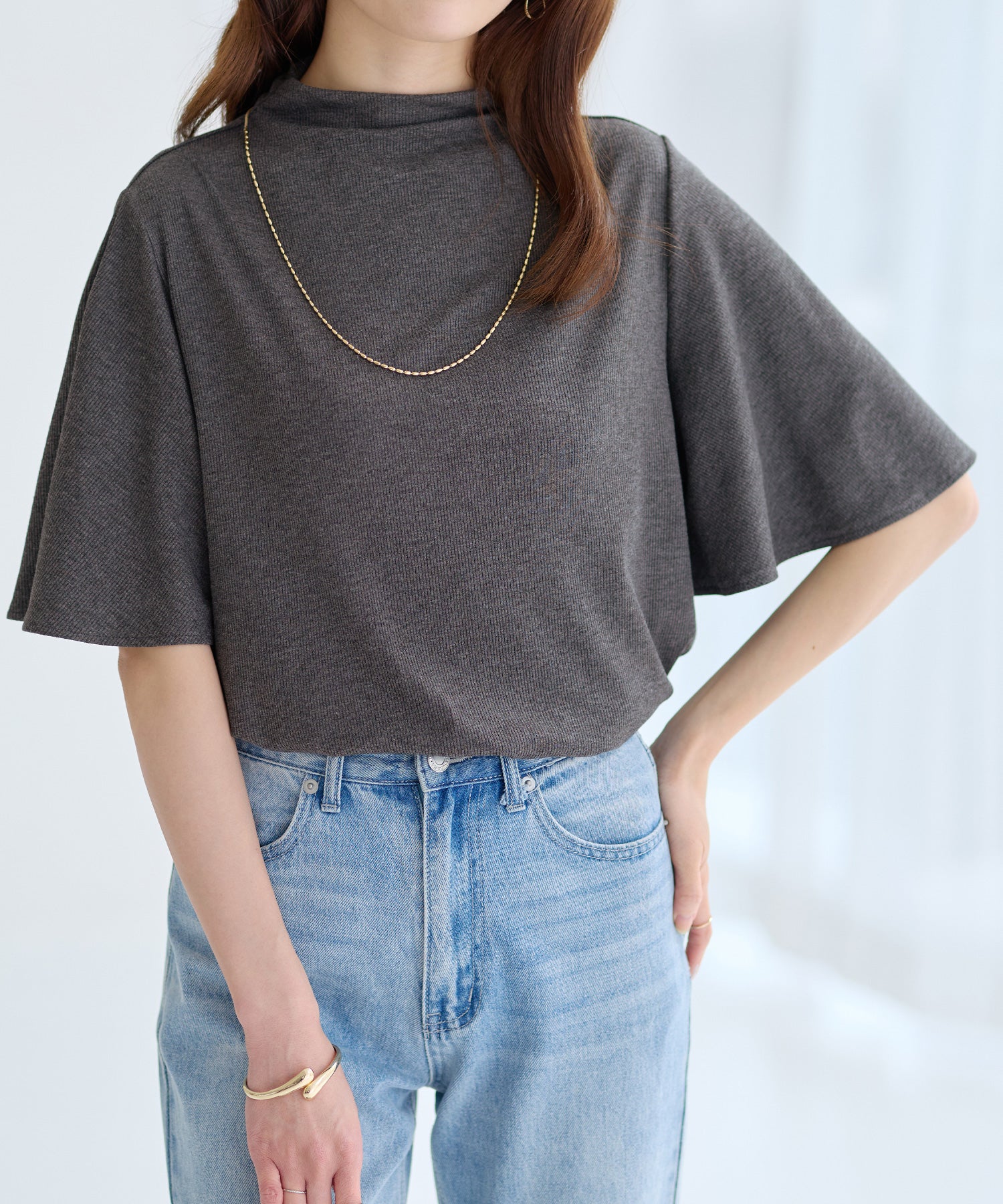 アロッタ Alotta 上品フレアー袖リブTシャツ （杢チャコール） 杢チャコール