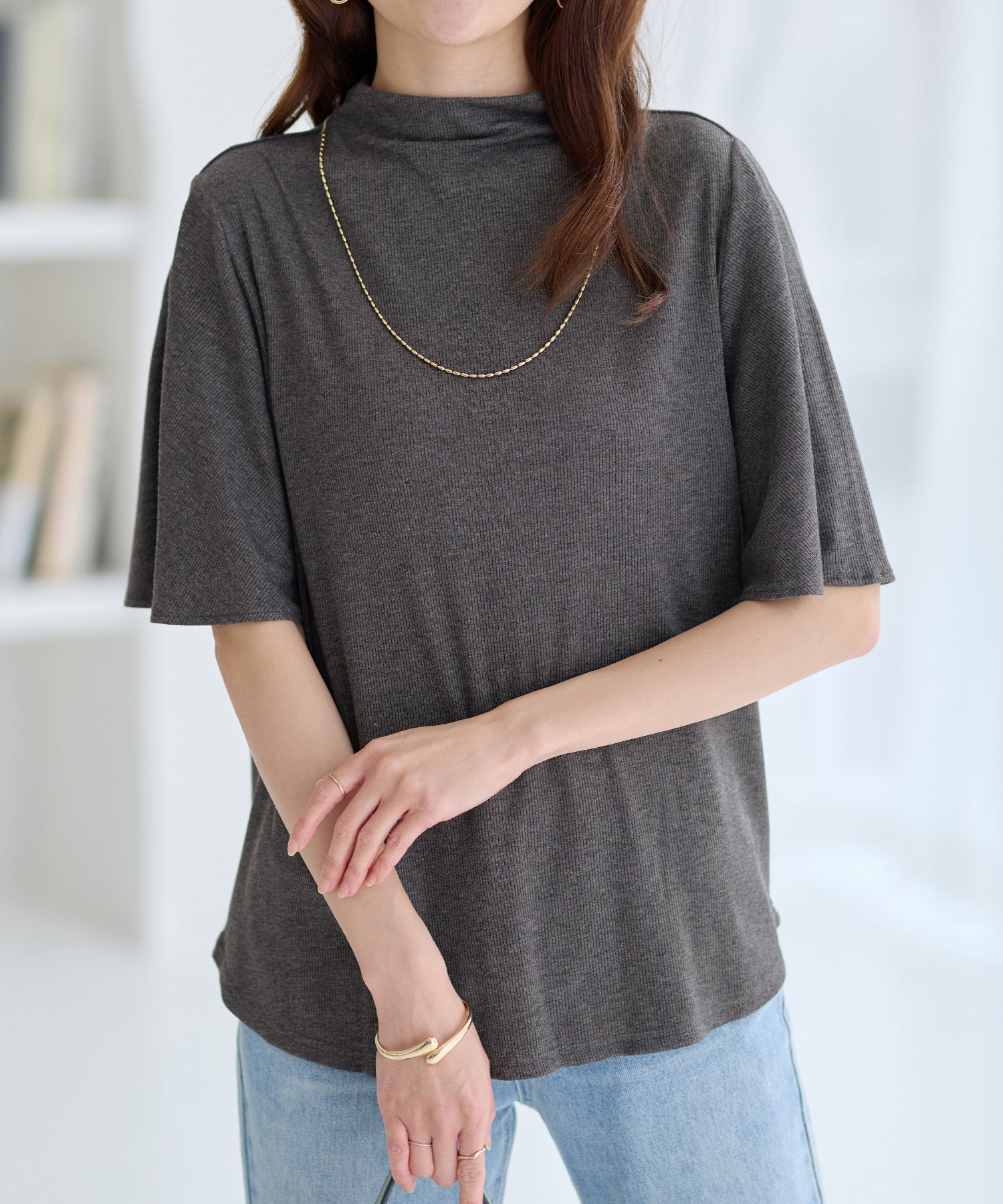 アロッタ Alotta 上品フレアー袖リブTシャツ （杢チャコール） 杢チャコール