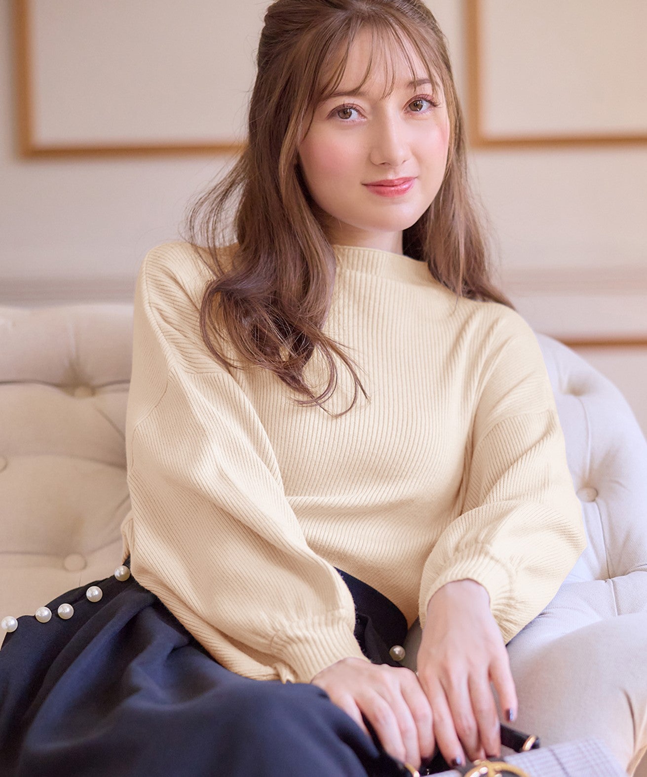 もっちりパフ袖リブニット