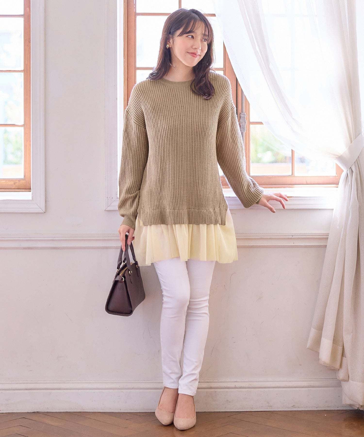 裾チュールレイヤード風ニット ベージュ