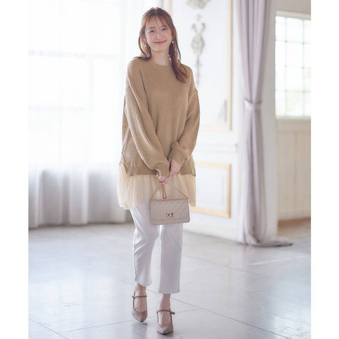 裾チュールレイヤード風ニット ベージュ