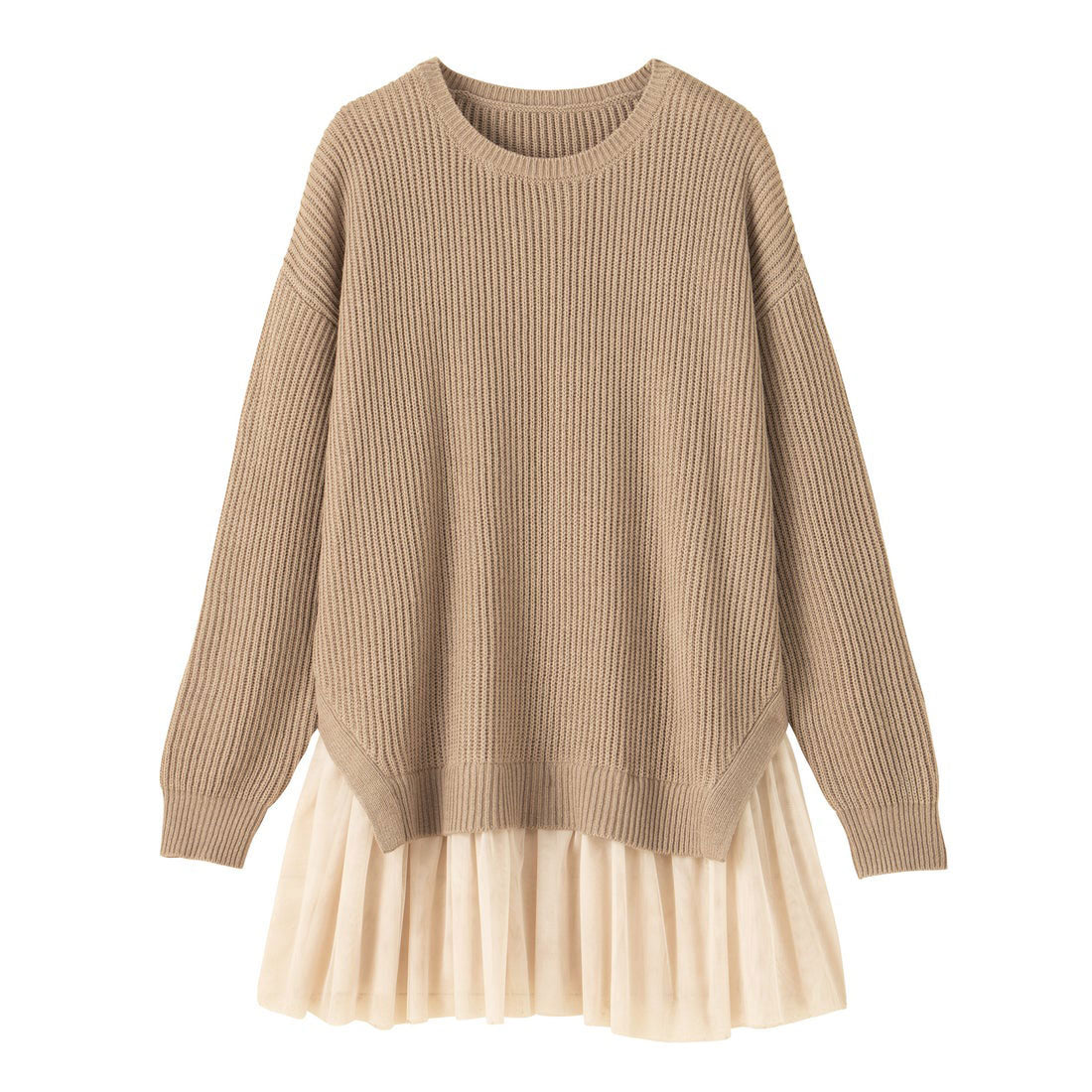 裾チュールレイヤード風ニット ベージュ