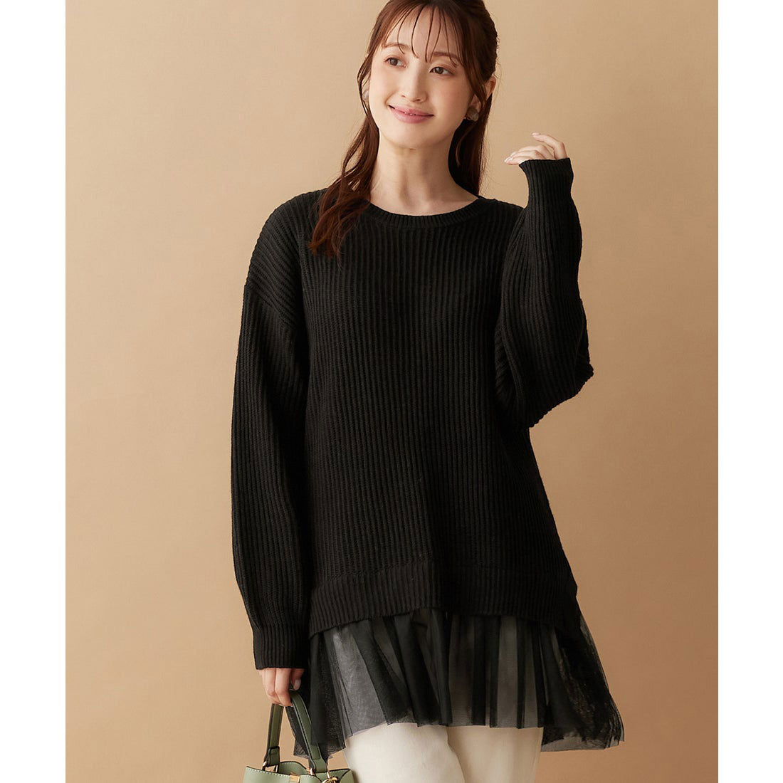 裾チュールレイヤード風ニット ブラック