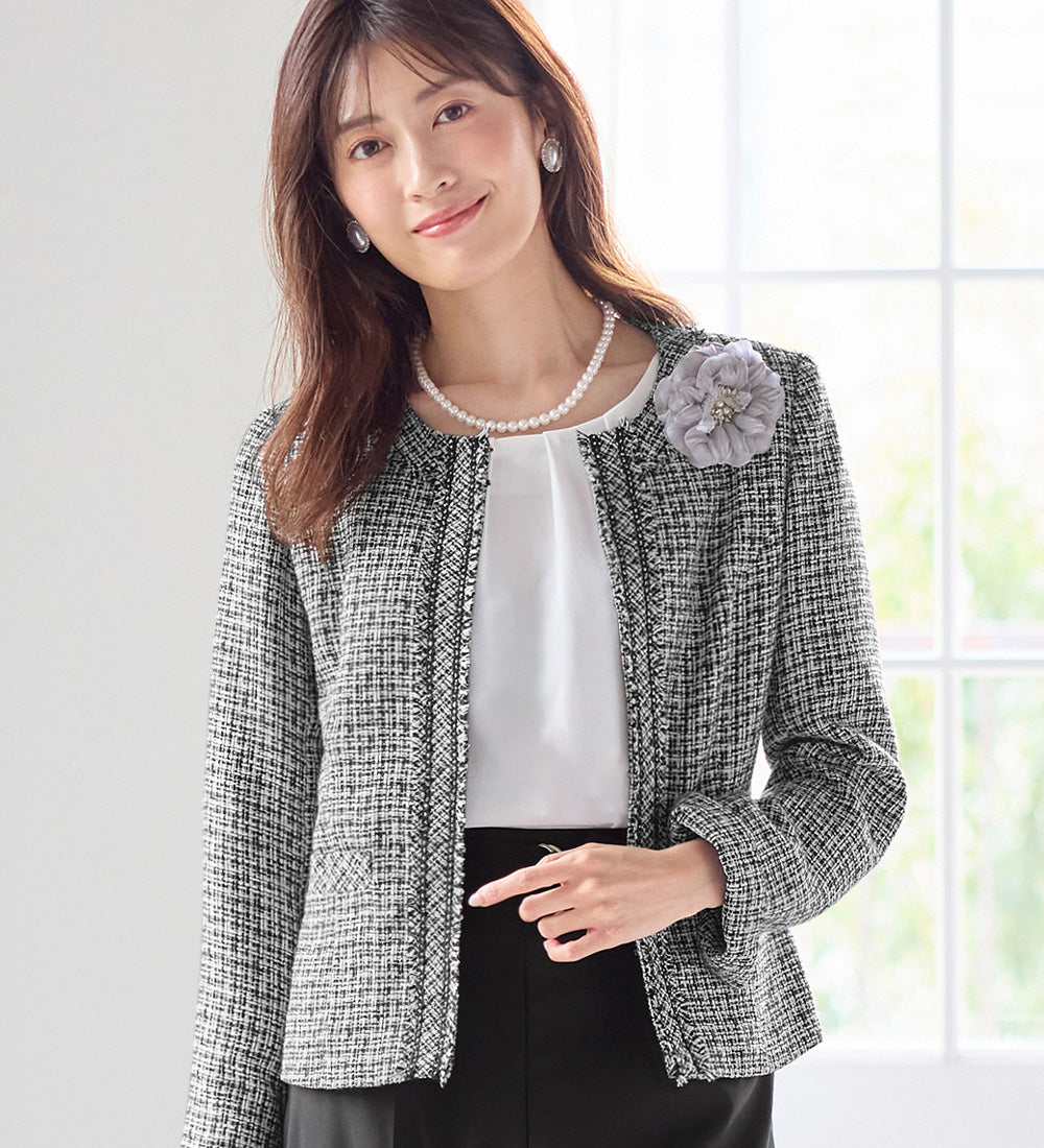 入学式卒業式に！フリンジ使いツイードノーカラージャケット＜Ｍ～５Ｌ＞ モノトーン系