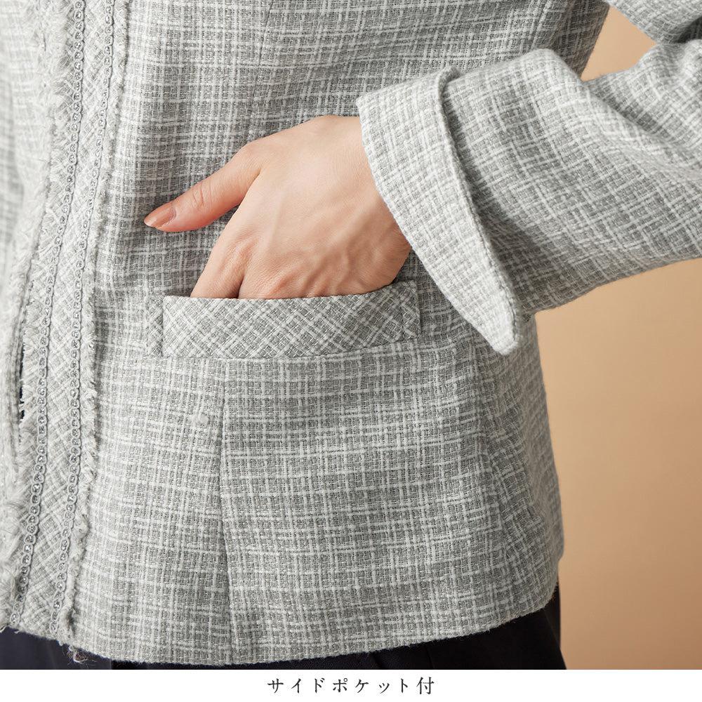 入学式卒業式に！フリンジ使いツイードノーカラージャケット＜Ｍ～５Ｌ＞