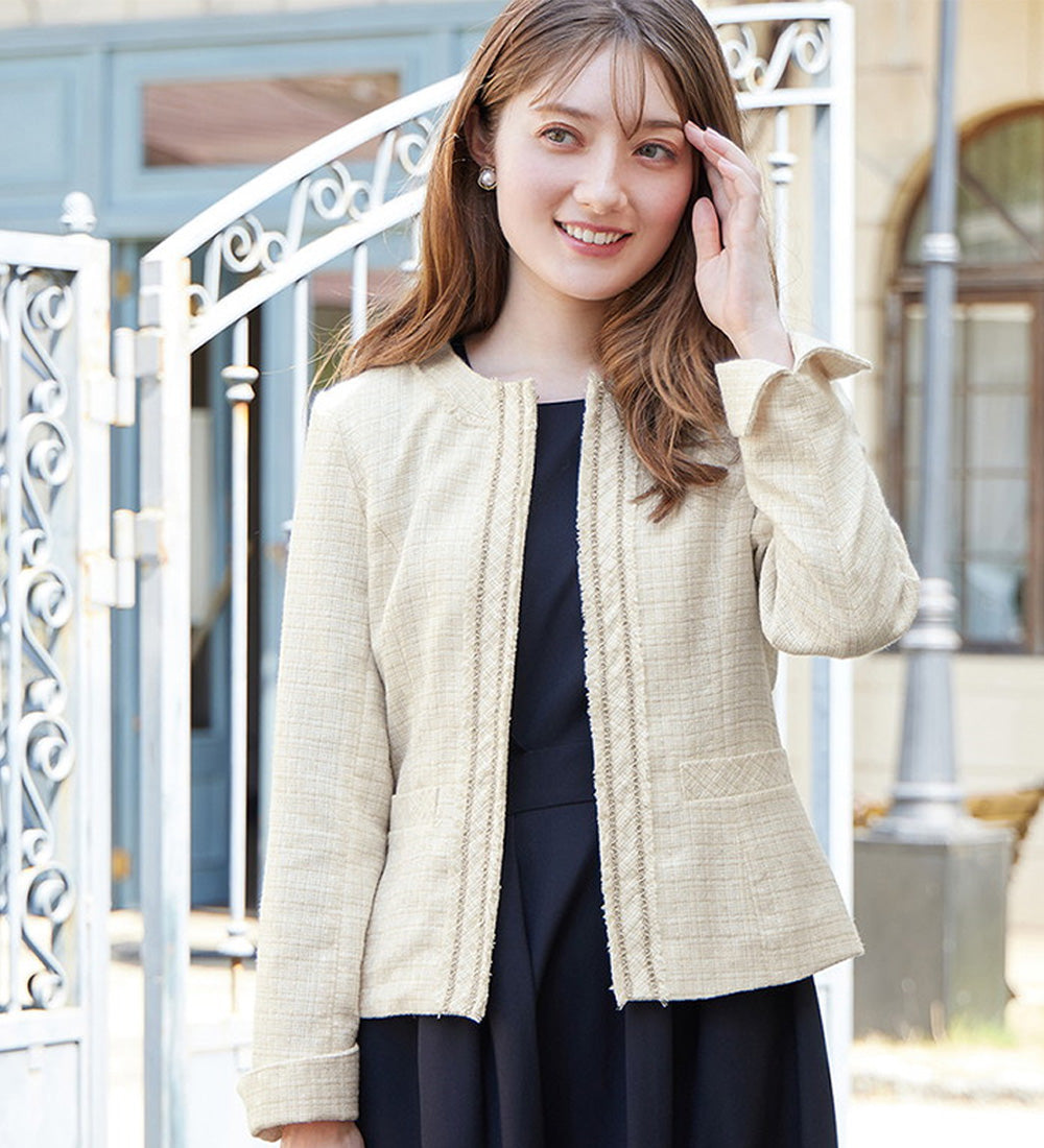 入学式卒業式に！フリンジ使いツイードノーカラージャケット＜Ｍ～５Ｌ＞ ベージュ系