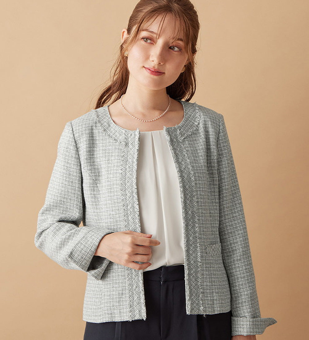 入学式卒業式に！フリンジ使いツイードノーカラージャケット＜Ｍ～５Ｌ＞ ライトグレー系