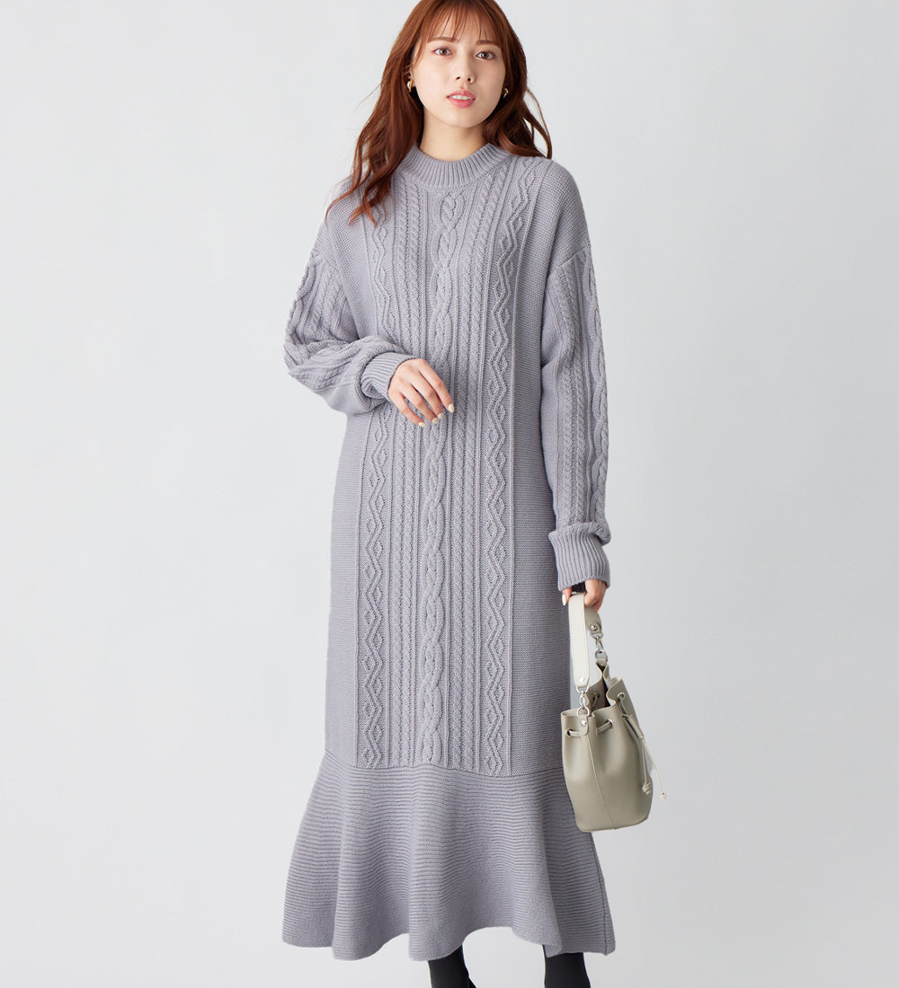 ケーブル柄マーメイドニットワンピース ラベンダー