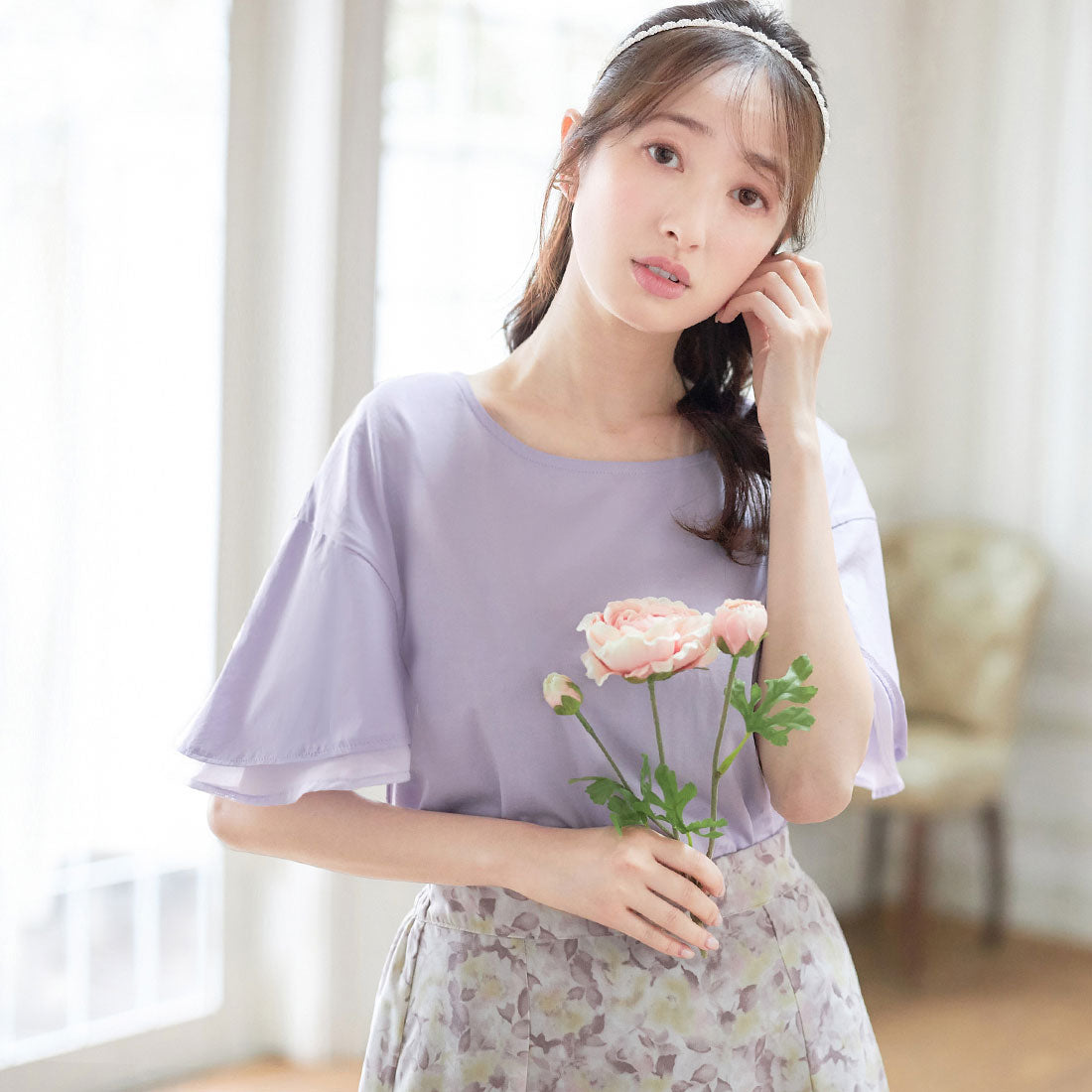 アロッタ Alotta 【接触冷感】シルケット素材袖シフォン使いトップス,ラベンダー