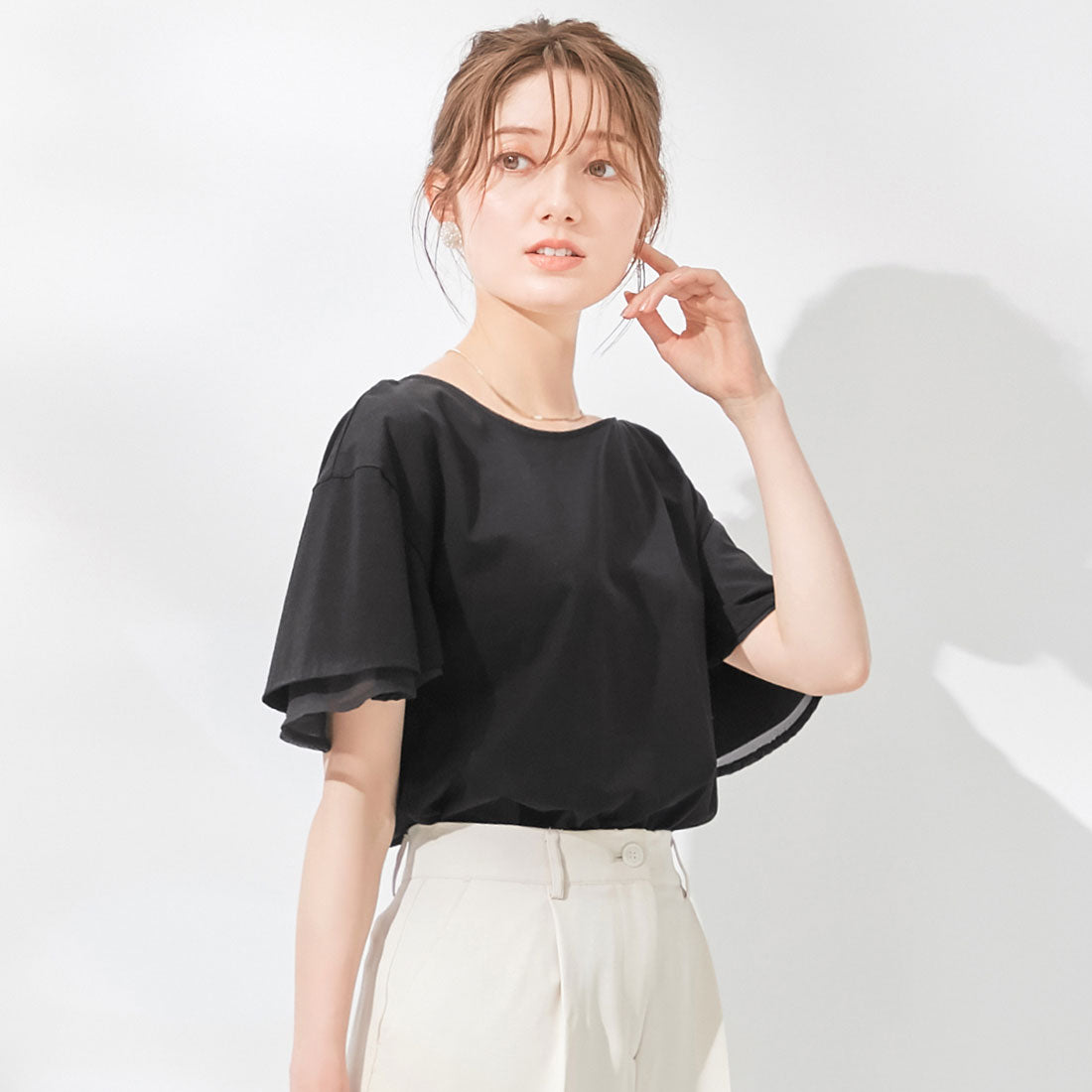 アロッタ Alotta 【接触冷感】シルケット素材袖シフォン使いトップス,ブラック