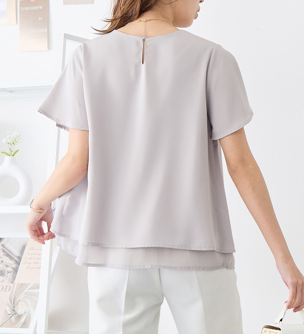 シフォンレイヤードＶネックブラウス【新色追加】 ライトグレー