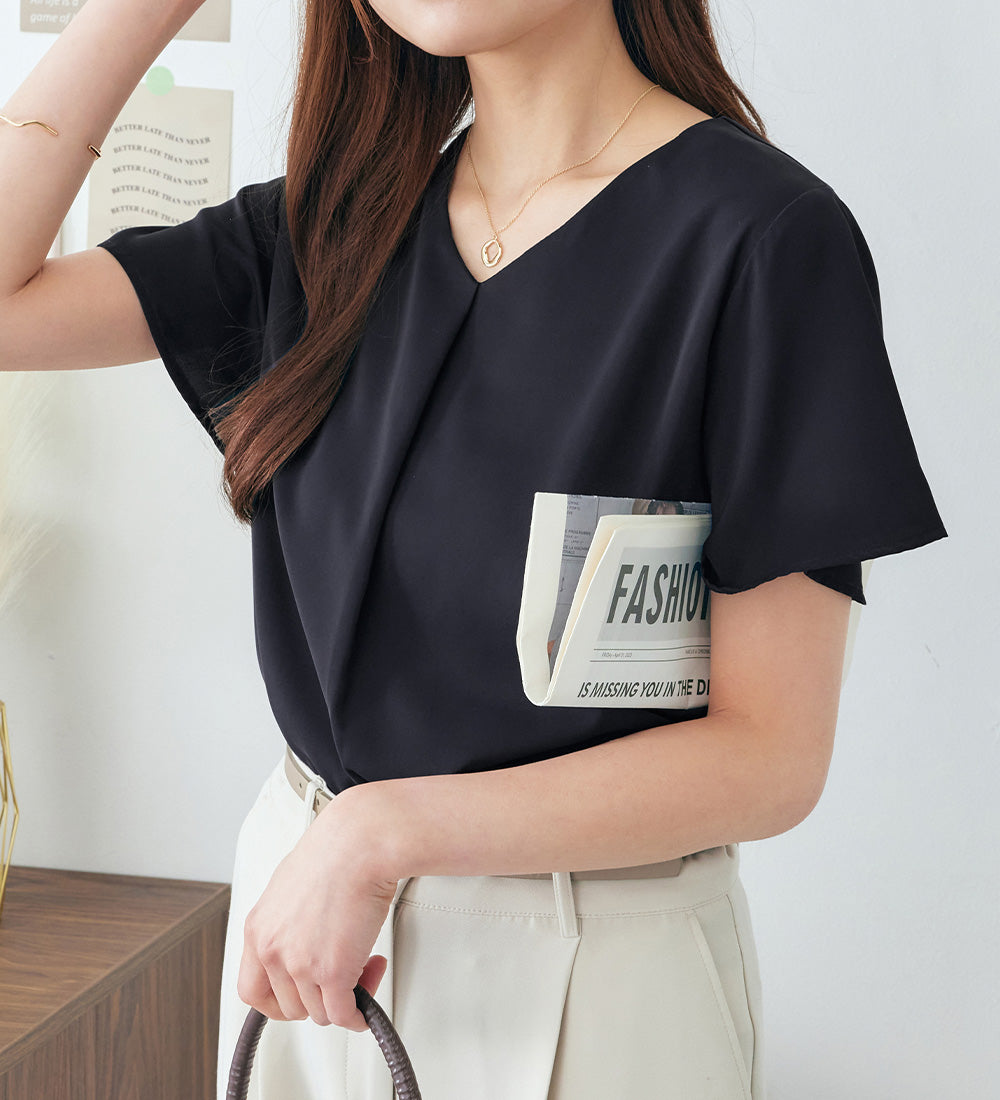 シフォンレイヤードＶネックブラウス【新色追加】 ダークネイビー