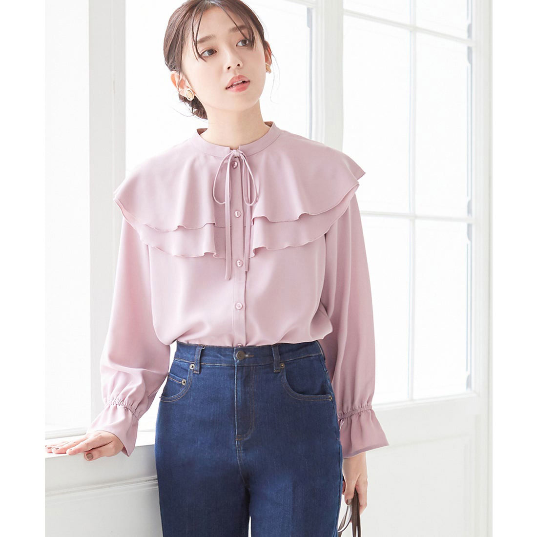 ラッフルカラーデザインブラウス ラベンダーピンク