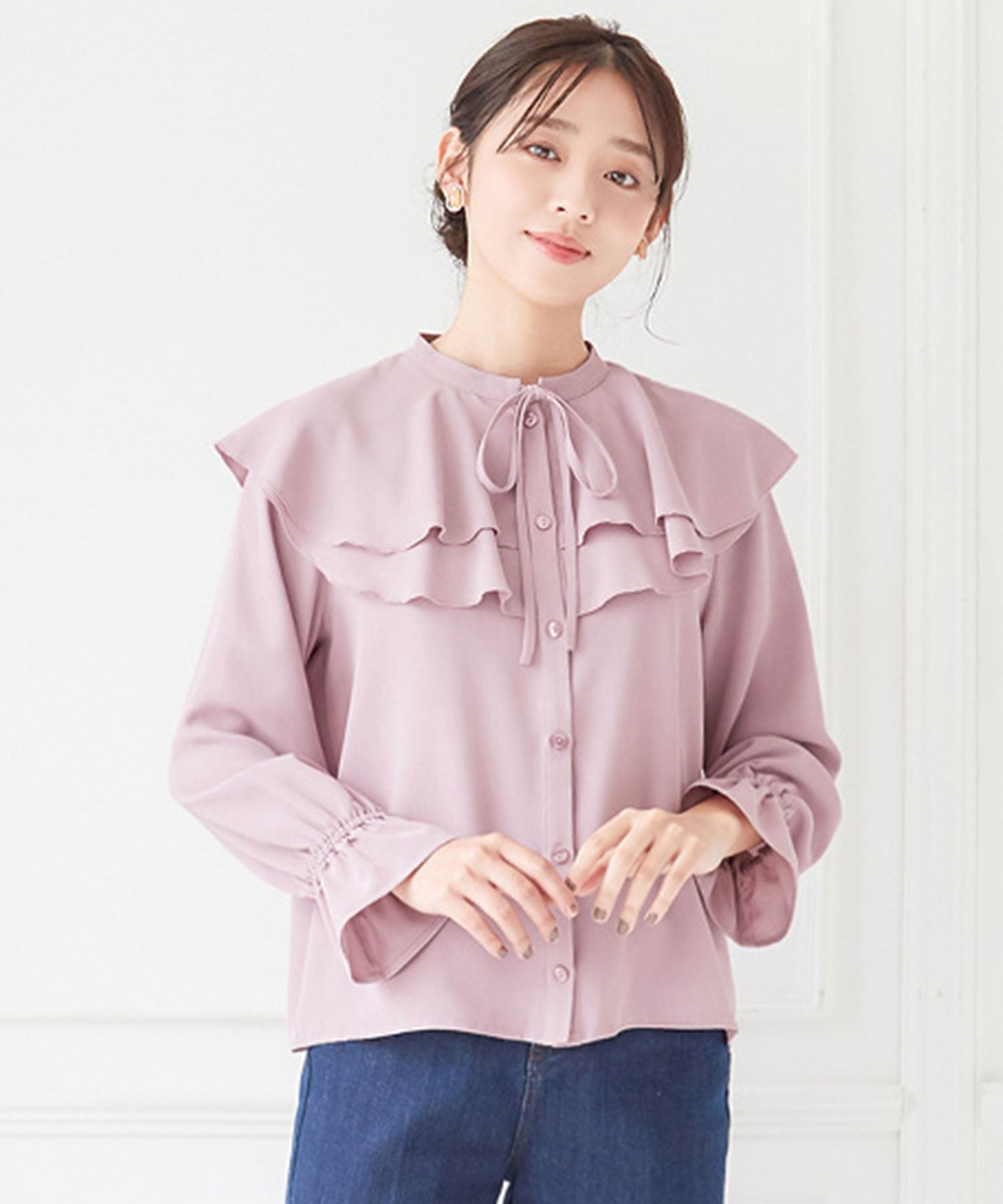 ラッフルカラーデザインブラウス ラベンダーピンク