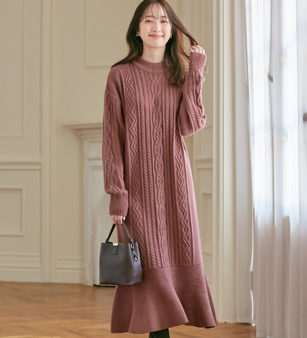 ケーブル柄マーメイドニットワンピース ダスティーピンク