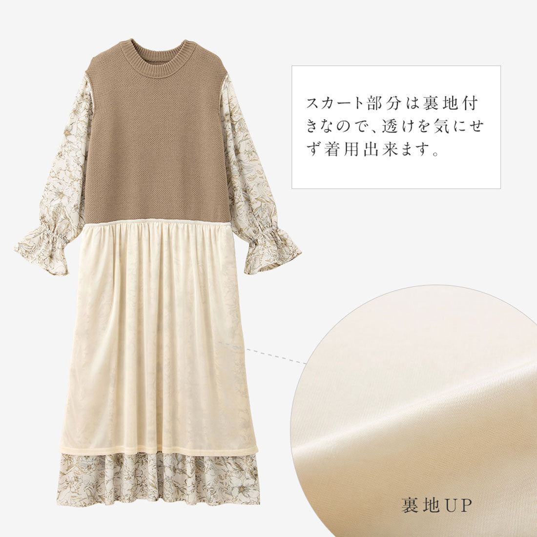 ニットベストドッキングワンピース ブラック×オフ系花柄