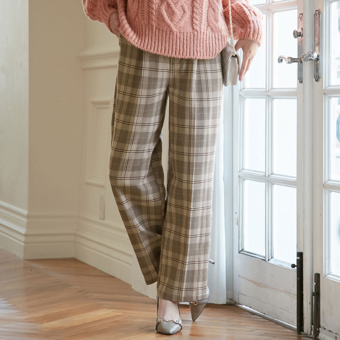 アロッタ Alotta 裏起毛センタープレスワイドパンツ,ベージュ系チェック