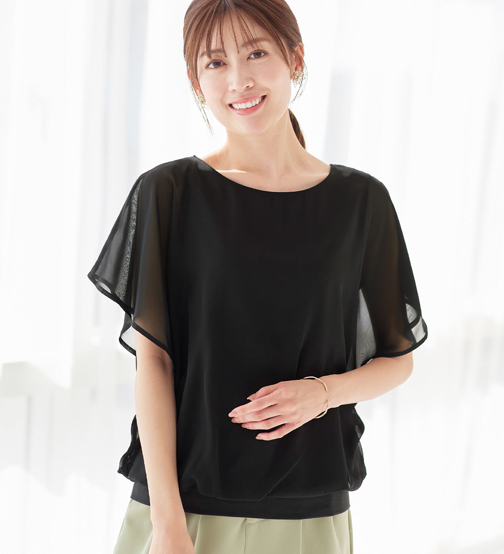 【接触冷感】カットソー裏地付ドルマンブラウス ブラック