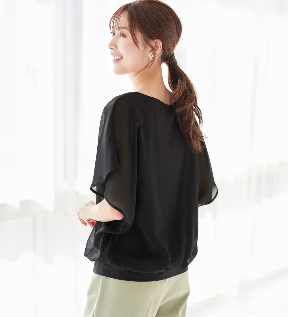 【接触冷感】カットソー裏地付ドルマンブラウス ブラック