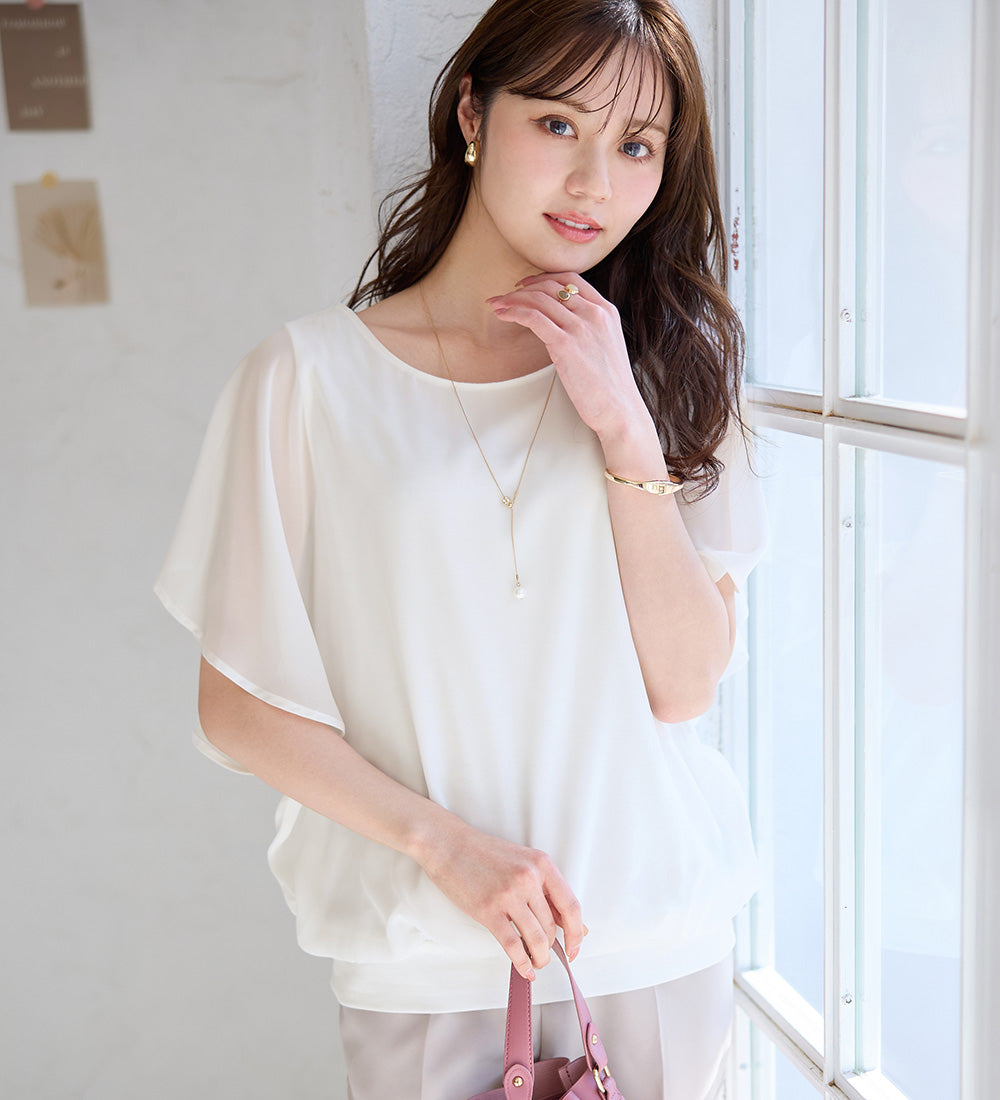 【接触冷感】カットソー裏地付ドルマンブラウス オフホワイト