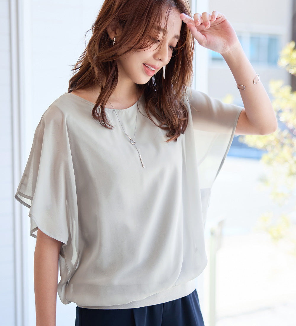【接触冷感】カットソー裏地付ドルマンブラウス ライトグレー