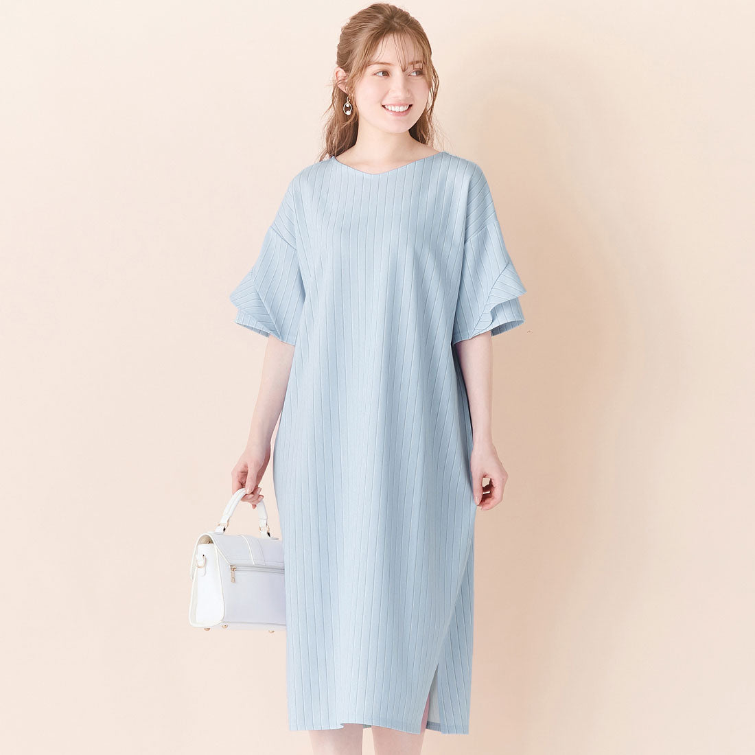 アロッタ Alotta 【新色追加】【4つの機能付】フリル袖Tシャツワンピース （サックス系ストライプ） サックス系ストライプ