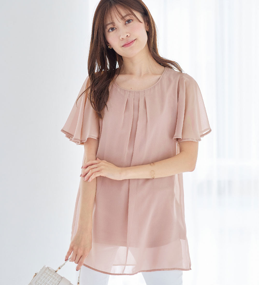 【接触冷感】インナー付シフォンタックチュニック ピンク