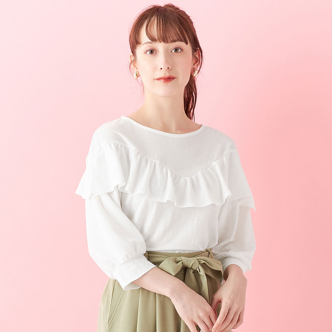 アロッタ Alotta 【接触冷感】フリルデザインパフ袖カットソー,オフホワイト
