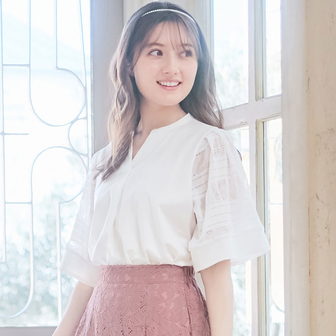 アロッタ Alotta シルケット素材袖レース切替トップス,オフホワイト