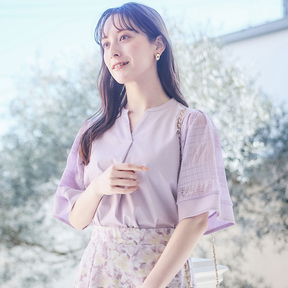 アロッタ Alotta シルケット素材袖レース切替トップス,ラベンダー