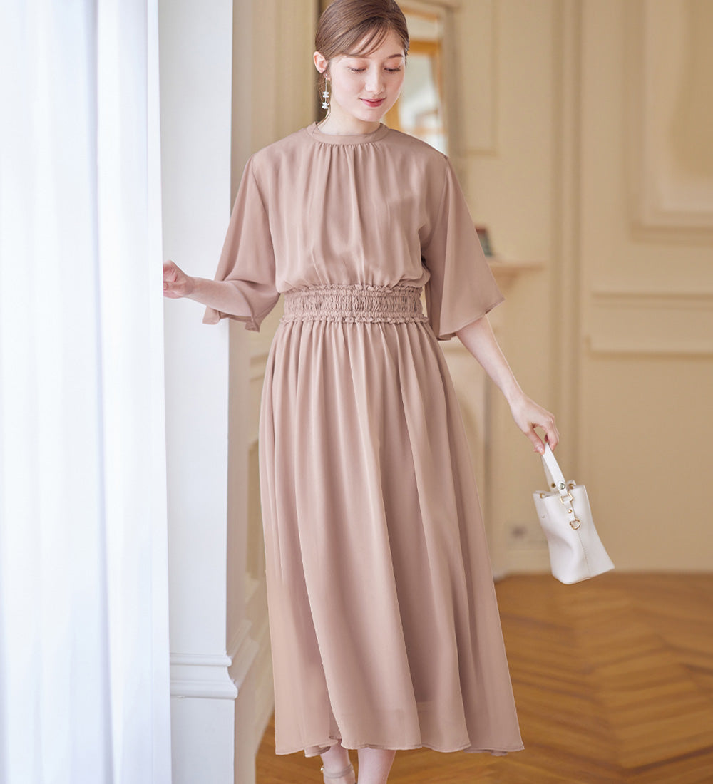 【接触冷感】インナー付シャーリングシフォンワンピース ピンク