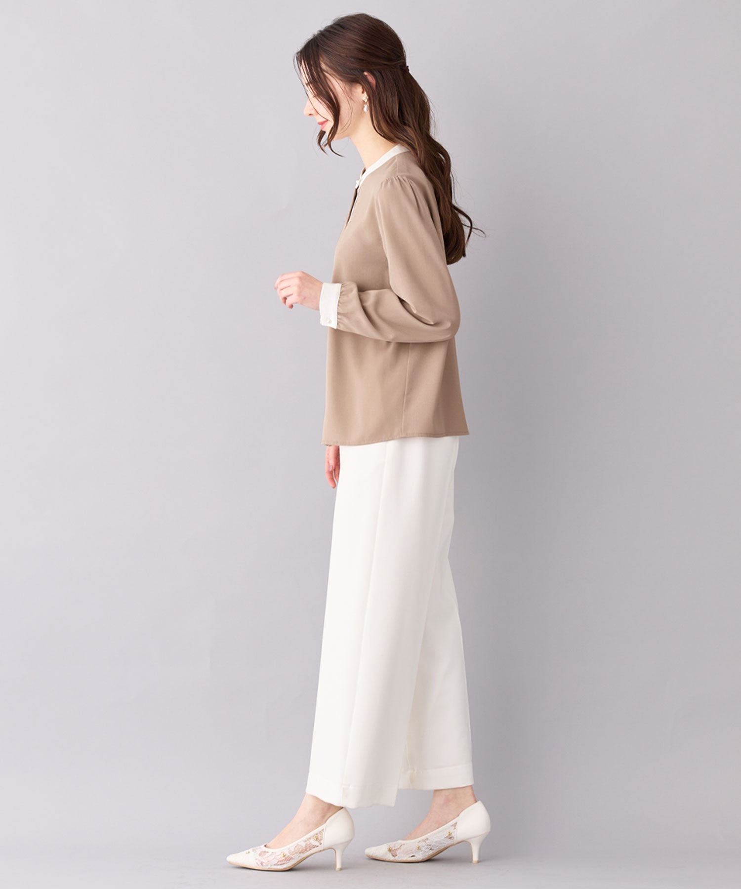 バイカラーパール調ボタンブラウス