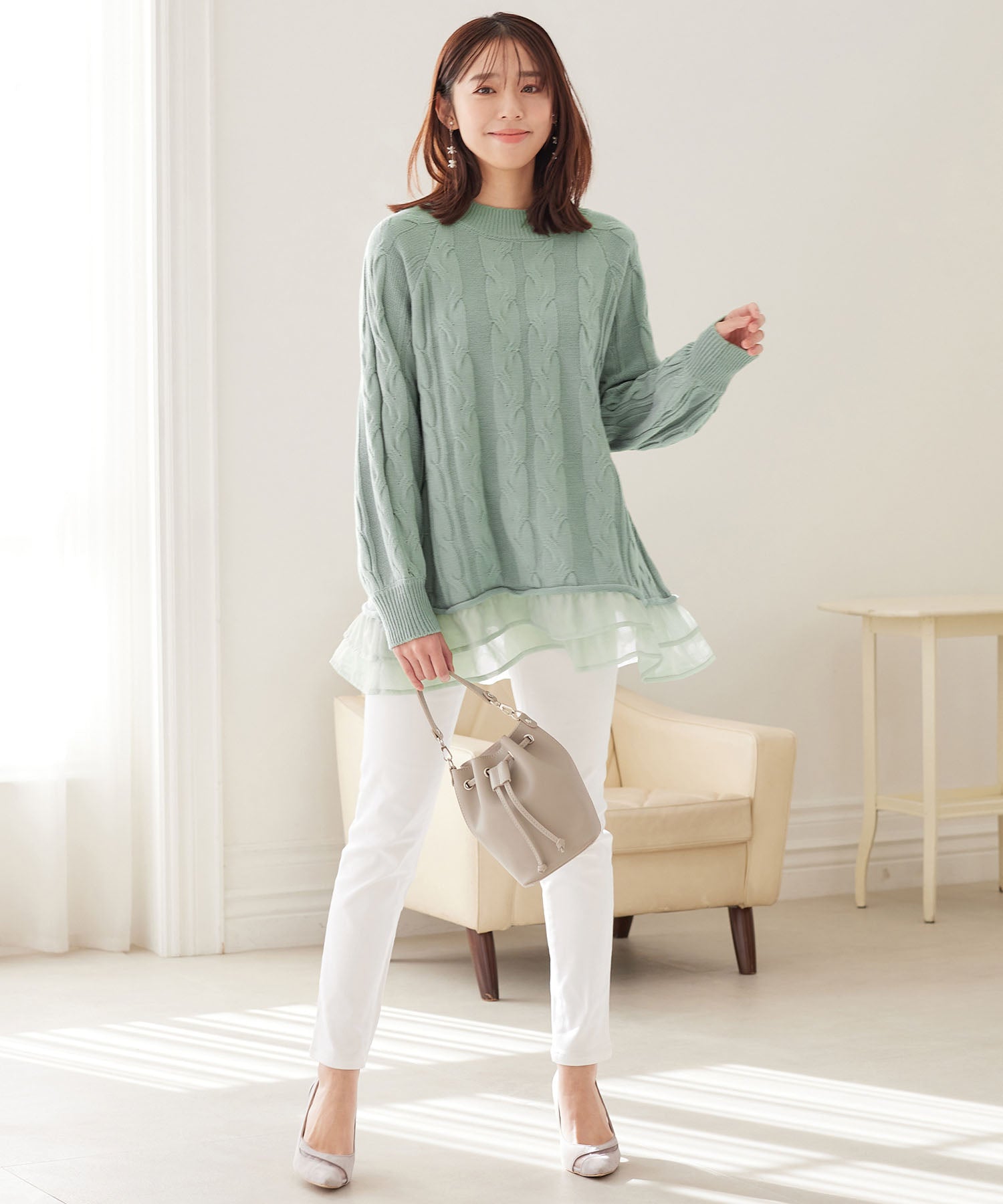 異素材切替重ね着風ニットチュニック スモーキーミント