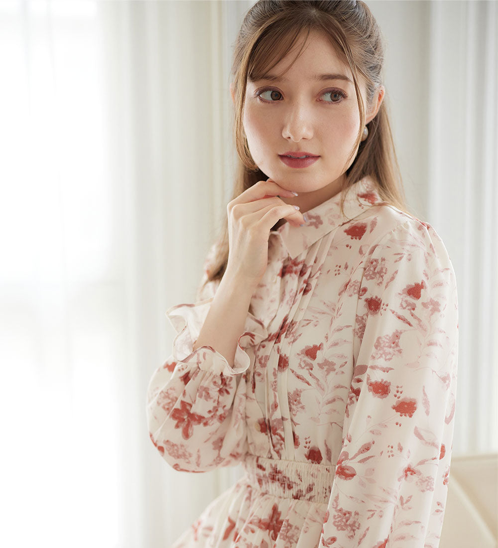 衿付ピンタック花柄ワンピース