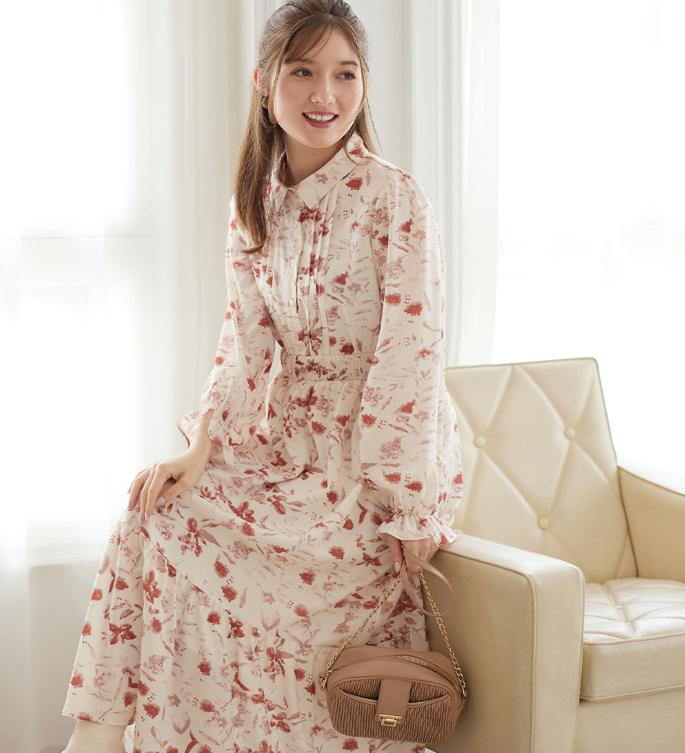 衿付ピンタック花柄ワンピース