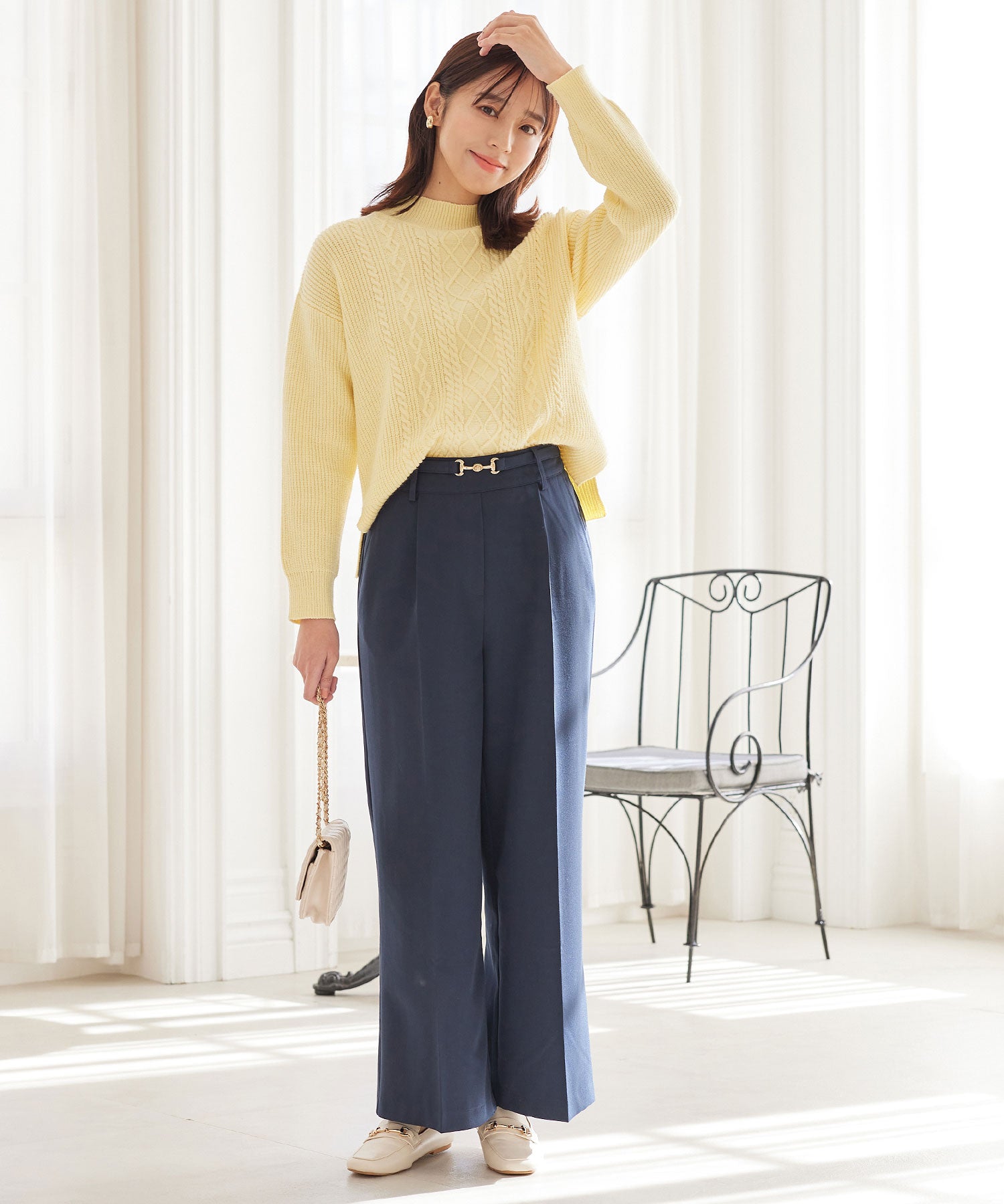 【毛玉になりにくい・静電気防止】ケーブル柄モックネックニット クリームイエロー