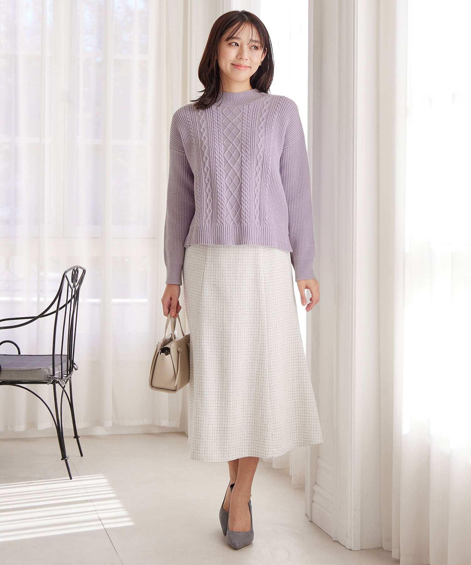 【毛玉になりにくい・静電気防止】ケーブル柄モックネックニット クリームイエロー