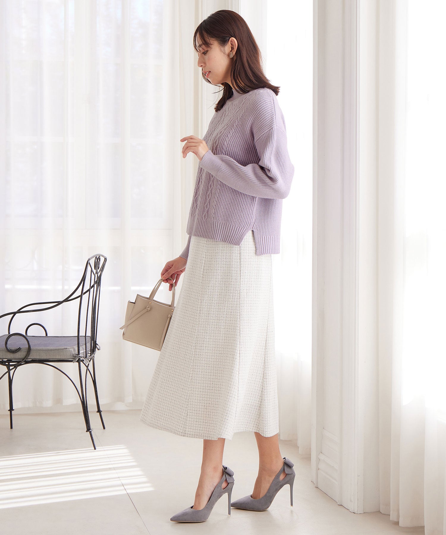 【毛玉になりにくい・静電気防止】ケーブル柄モックネックニット クリームイエロー