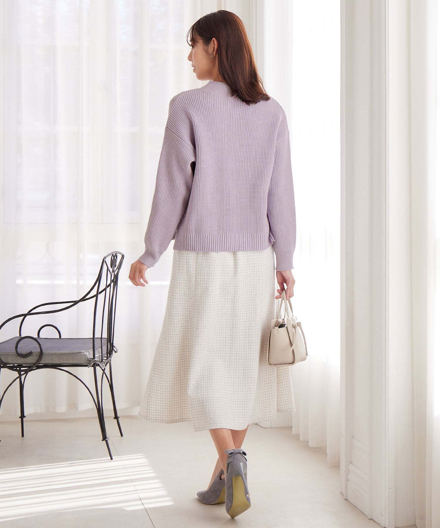 【毛玉になりにくい・静電気防止】ケーブル柄モックネックニット クリームイエロー