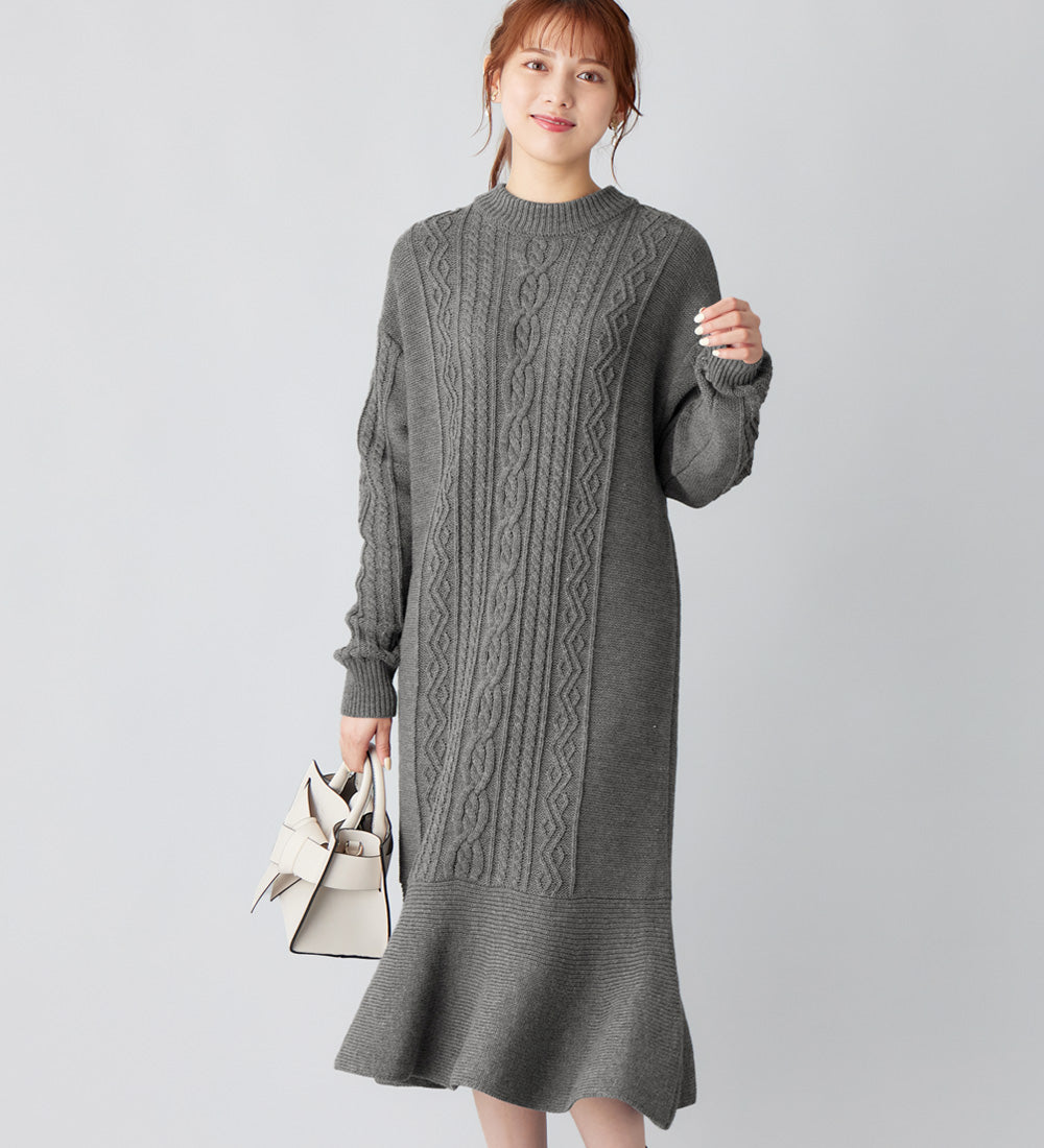 ケーブル柄マーメイドニットワンピース 杢グレー