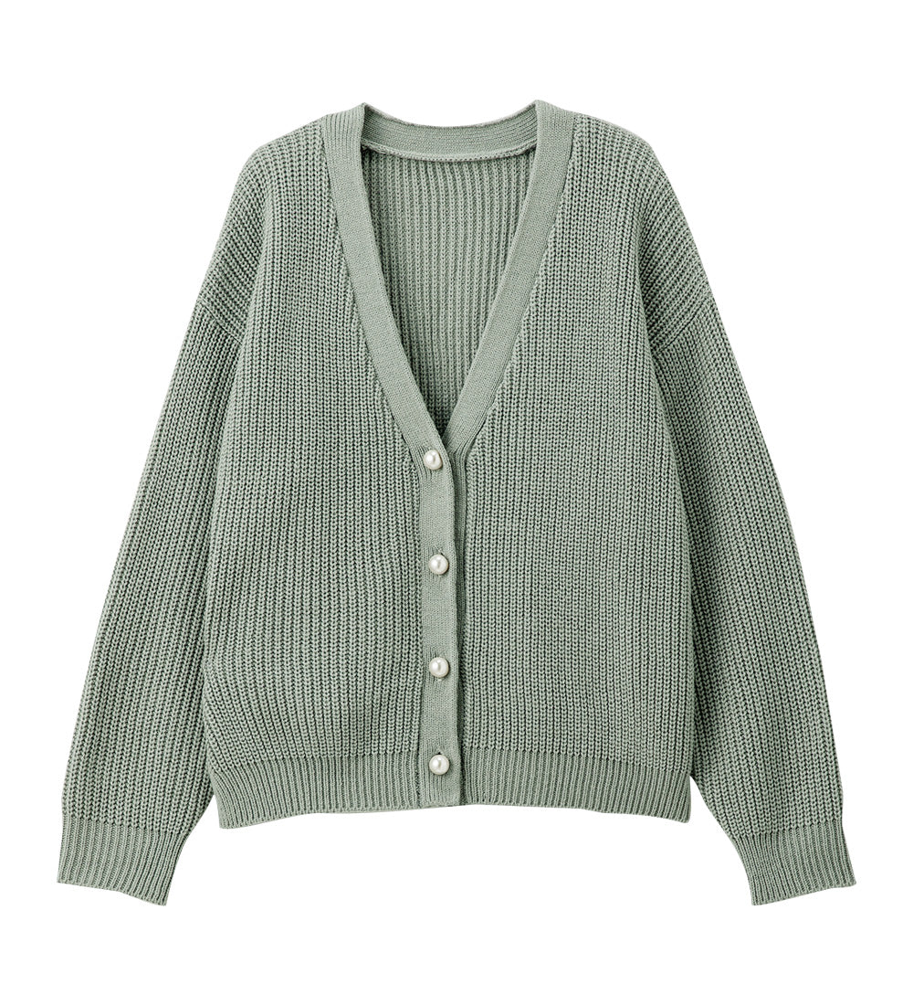 【毛玉になりにくい・静電気防止】パール調ボタン付ニットカーディガン スモーキーミント