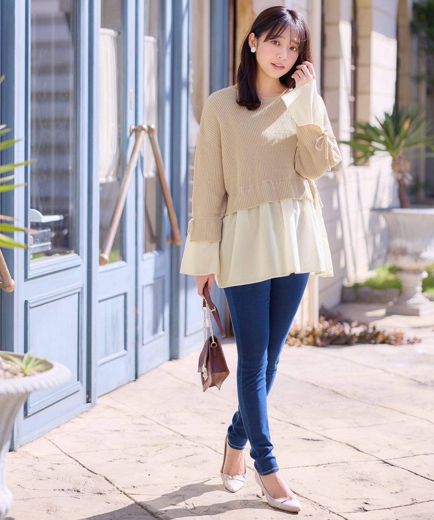 ブラウスドッキングフレアー袖ニット ライトベージュ