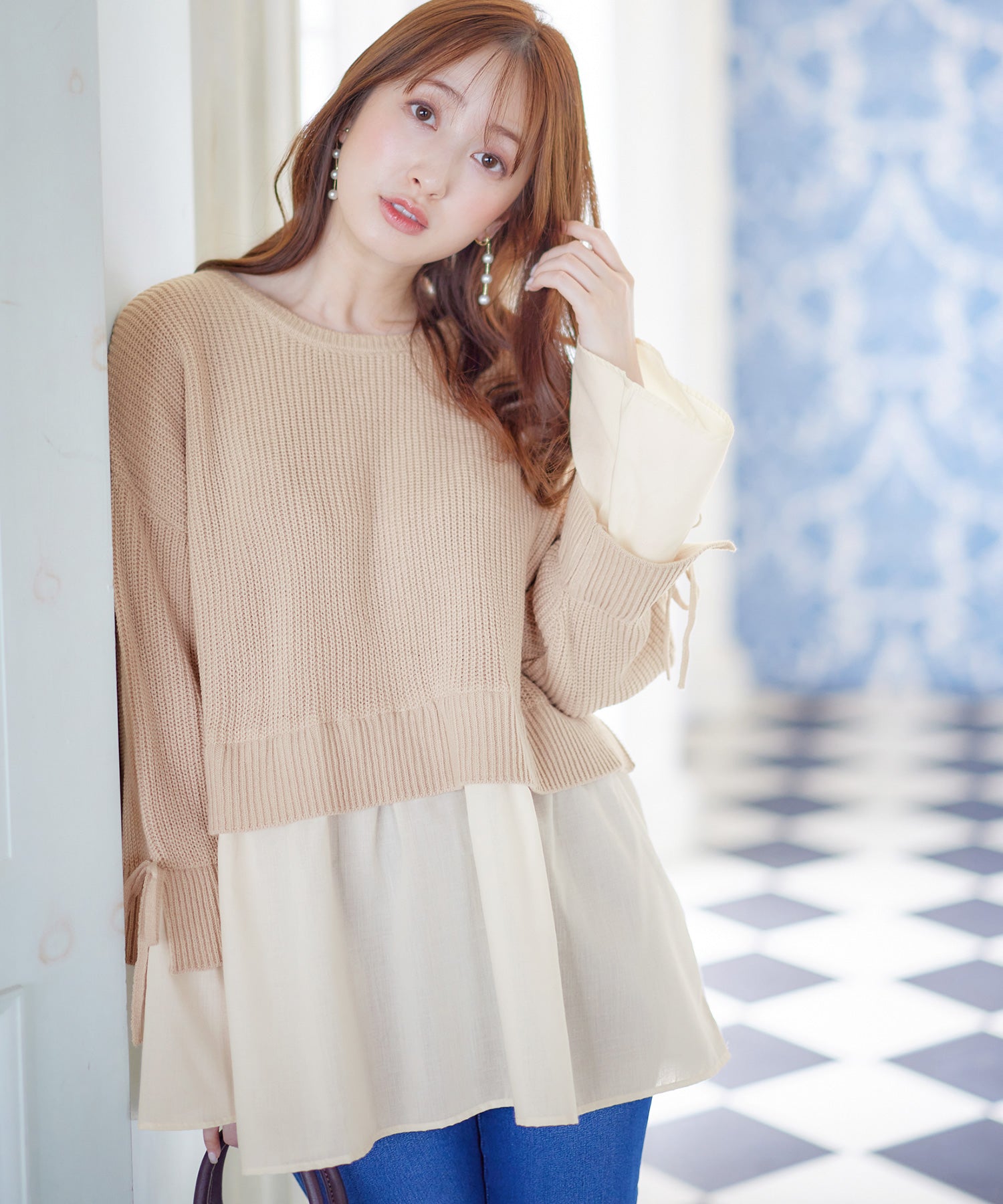 ブラウスドッキングフレアー袖ニット ライトベージュ