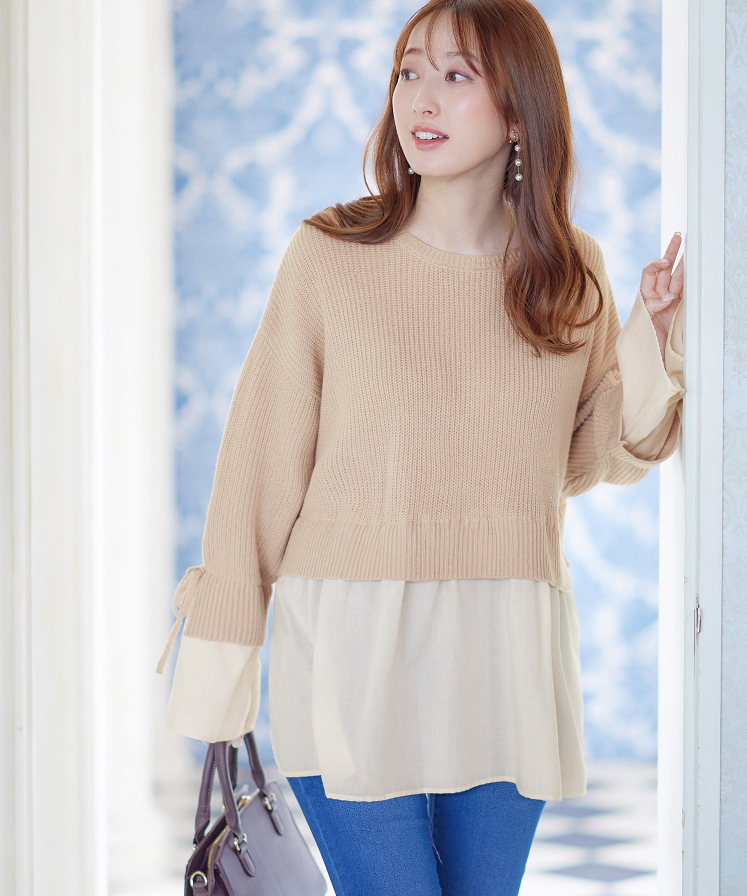 ブラウスドッキングフレアー袖ニット ライトベージュ