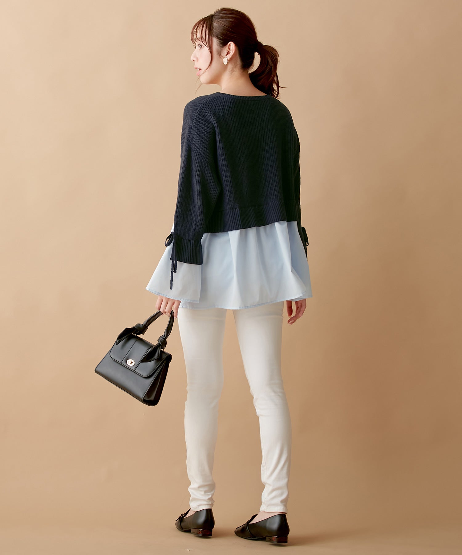 ブラウスドッキングフレアー袖ニット ライトベージュ