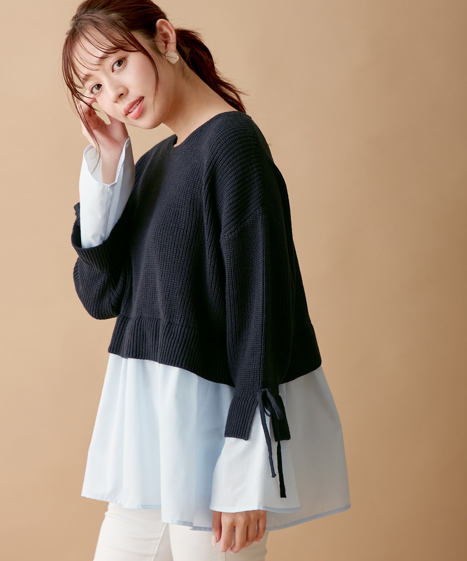 ブラウスドッキングフレアー袖ニット ネイビー