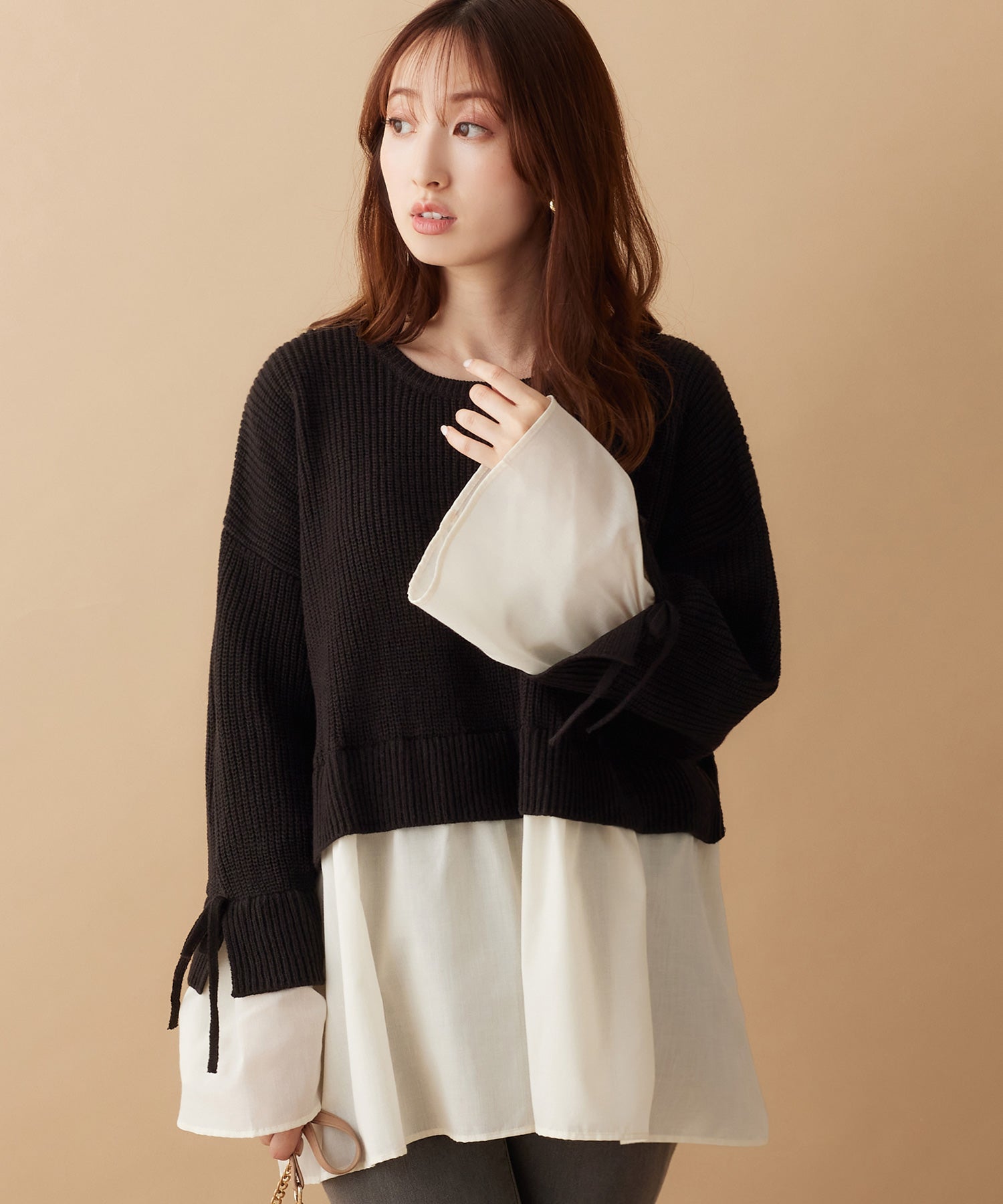 ブラウスドッキングフレアー袖ニット ブラック